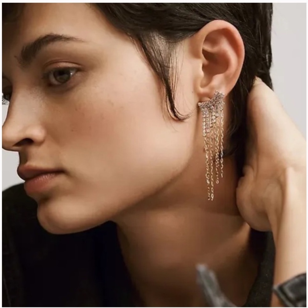 Anthropologie Rhinestone fringe Gold Dangle Earrings